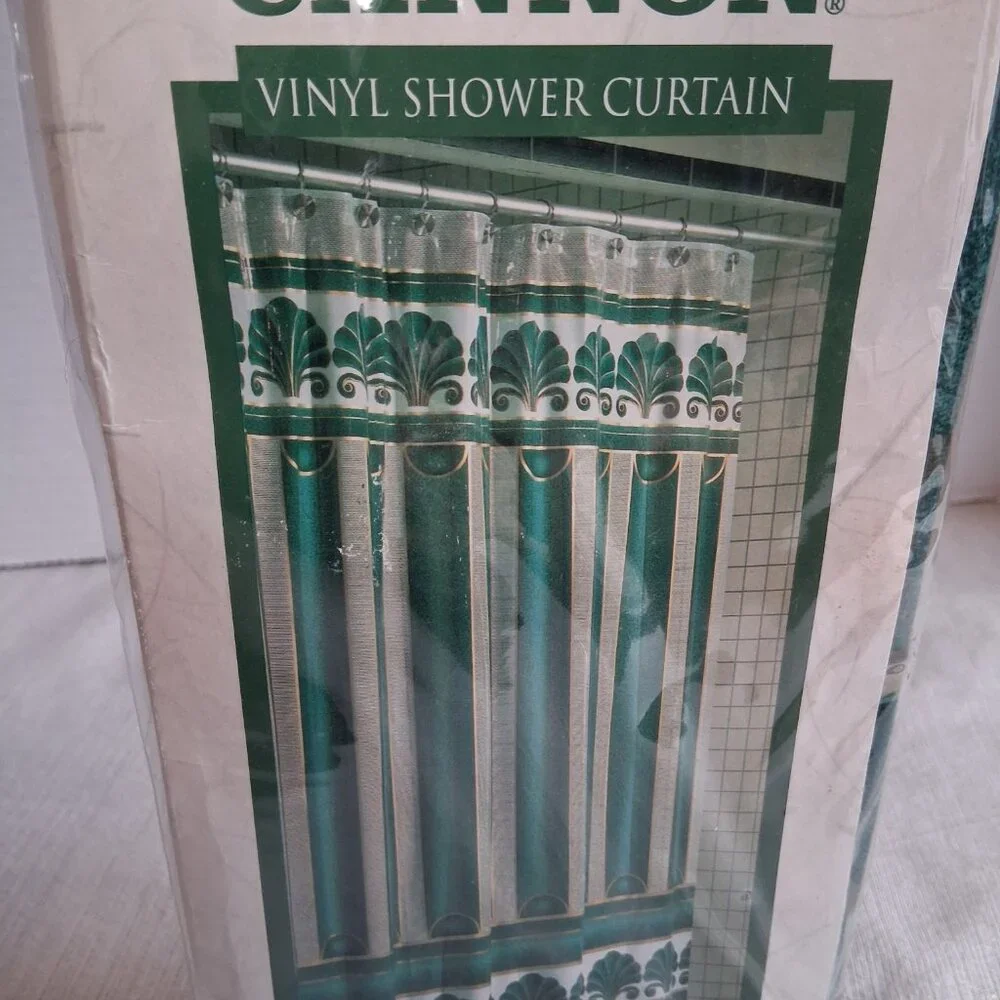 Vintage Cannon Vinyl Shower Curtain Coliseum Royal Green Gold New Old Stock